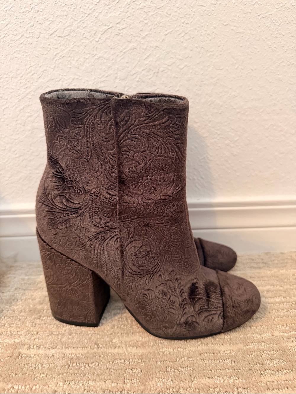 Marc Fisher Embossed Velvet Ankle Boots - Brown